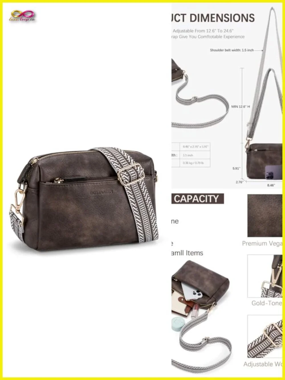 Triple Zip Vegan Leather Crossbody Purse with Guitar Strap for Women
